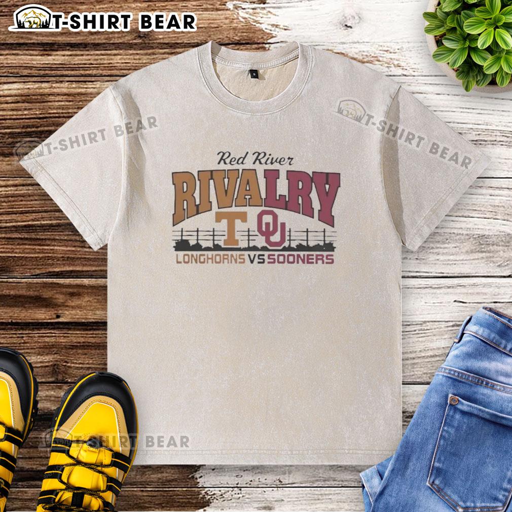 Official Red River Texas Longhorns and Oklahoma Sooners washed t-shirt featuring team logos and vibrant colors.