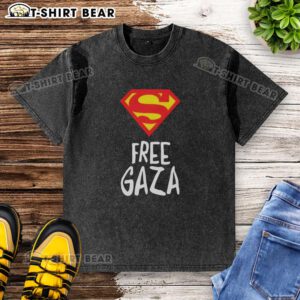 Official Superman Free Gaza washed t-shirt featuring a bold graphic design promoting peace and justice.