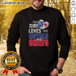 Official This Girl Loves Her Missouri Sports sweatshirt featuring Royals and Chiefs logos in vibrant colors.