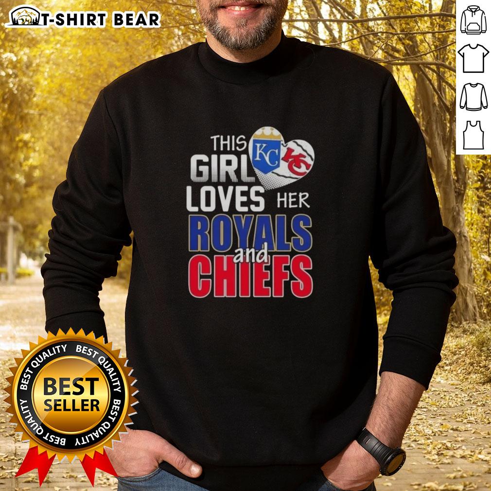 Official This Girl Loves Her Missouri Sports sweatshirt featuring Royals and Chiefs logos in vibrant colors.
