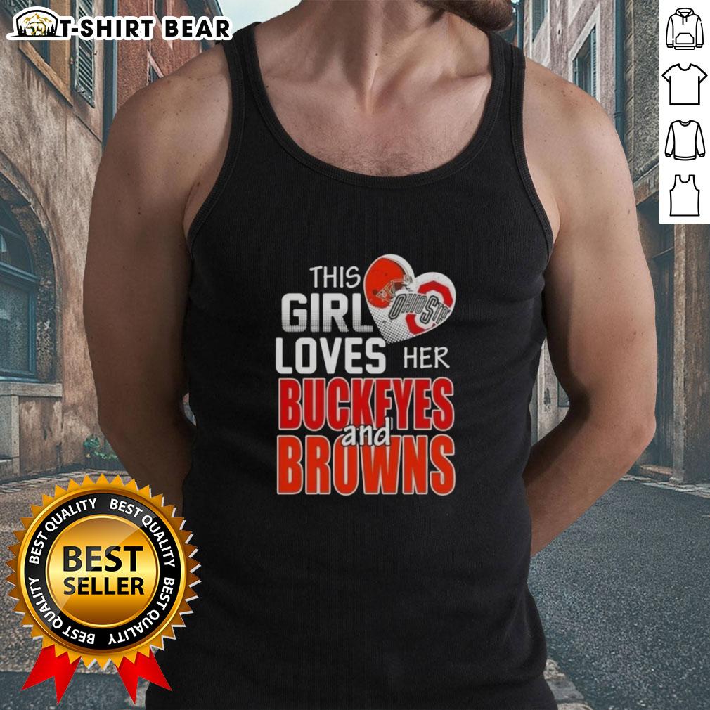 Alt Text: Woman wearing Official 'This Girl Loves Her Ohio Sports' tank top featuring Buckeyes and Browns logos.