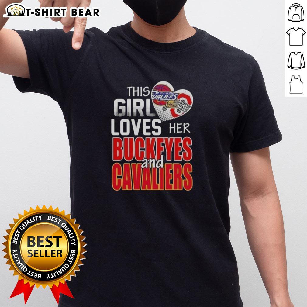 Alt Text: Official 'This Girl Loves Her Ohio Sports' T-Shirt featuring Buckeyes and Cavaliers logos, perfect for fans.