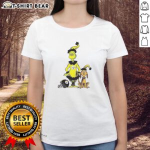 Original Grinch and Max X Pittsburgh Steelers Football Christmas Ladies Tee in festive holiday design for fans.