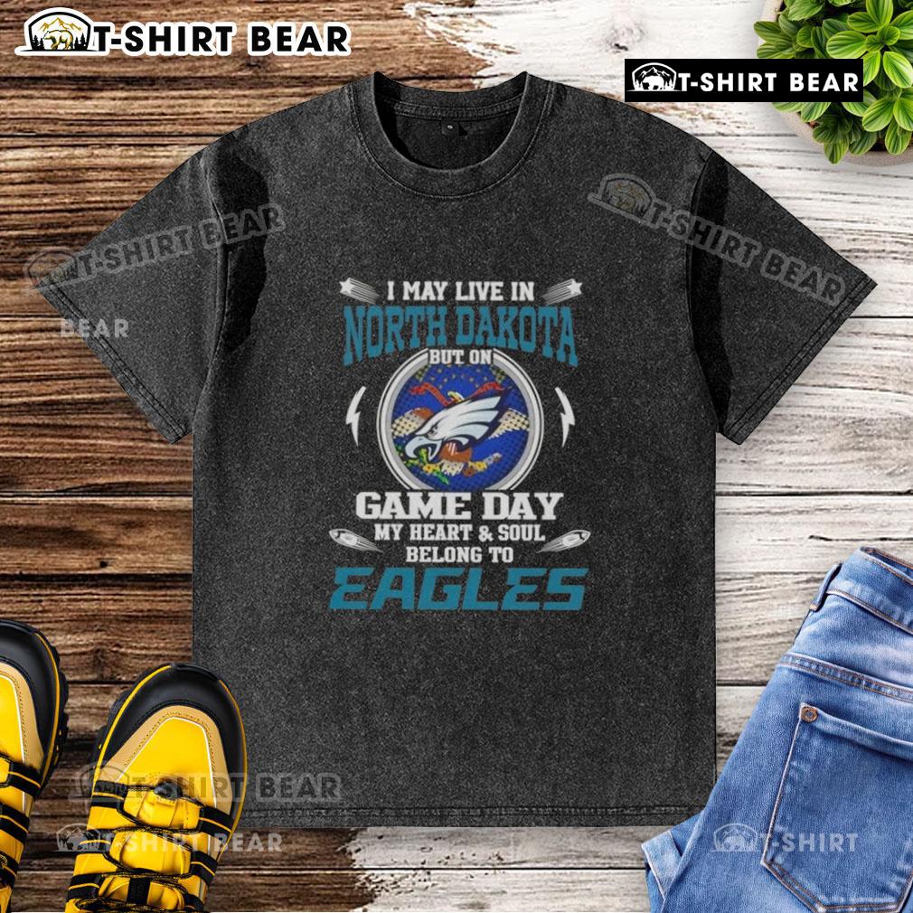 Alt Text: Philadelphia Eagles washed t-shirt for fans who live in North Dakota but cheer on game day.