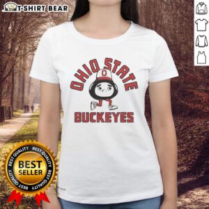 Original Ohio State Buckeyes Brutus mascot ladies tee featuring the iconic Buckeye logo in vibrant colors.