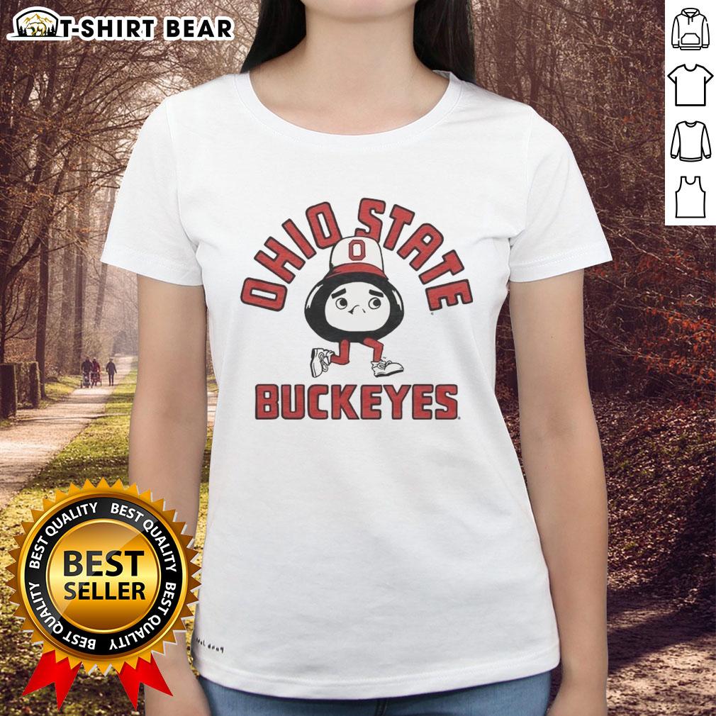 Original Ohio State Buckeyes Brutus mascot ladies tee featuring the iconic Buckeye logo in vibrant colors.
