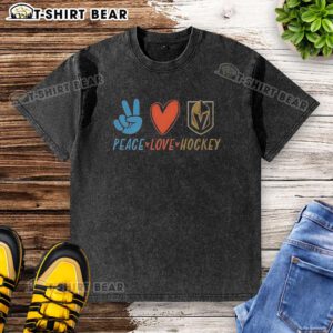 Alt Text: Original Peace Love Hockey Lover washed t-shirt in soft fabric, perfect for hockey fans and casual wear.