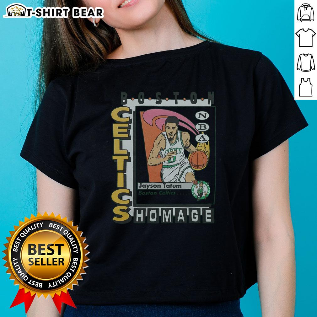 Premium Boston Celtics trading card featuring Jayson Tatum on a stylish ladies tee, perfect for basketball fans.