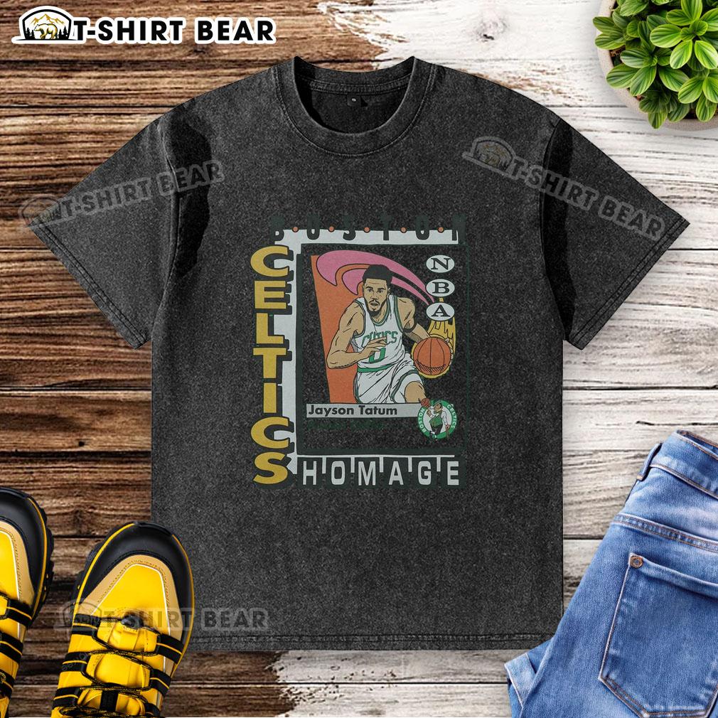 Premium Boston Celtics trading card featuring Jayson Tatum on a stylish washed t-shirt design.