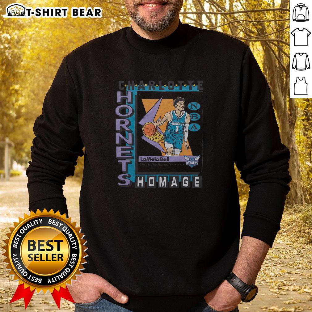 Alt Text: Premium Charlotte Hornets trading card featuring LaMelo Ball on a stylish sweatshirt design.