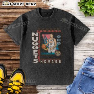 Premium Denver Nuggets trading card featuring Nikola Jokic on a washed t-shirt design, perfect for fans.