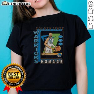 Alt Text: Premium Golden State Warriors trading card featuring Stephen Curry on a stylish ladies tee, perfect for fans.