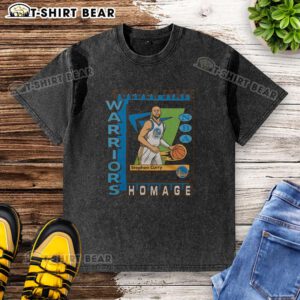 Premium Golden State Warriors trading card featuring Stephen Curry on a washed t-shirt, perfect for fans.