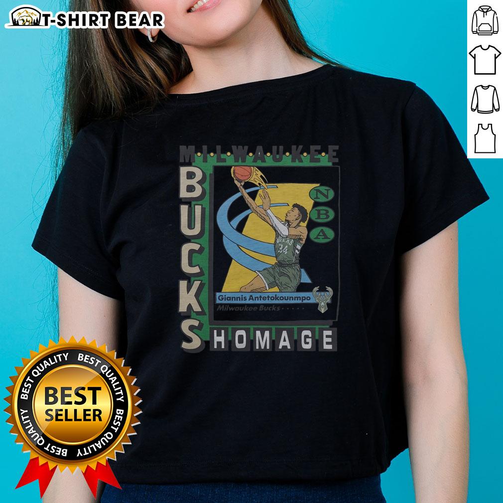 Premium Milwaukee Bucks trading card featuring Giannis Antetokounmpo on a stylish ladies tee shirt.