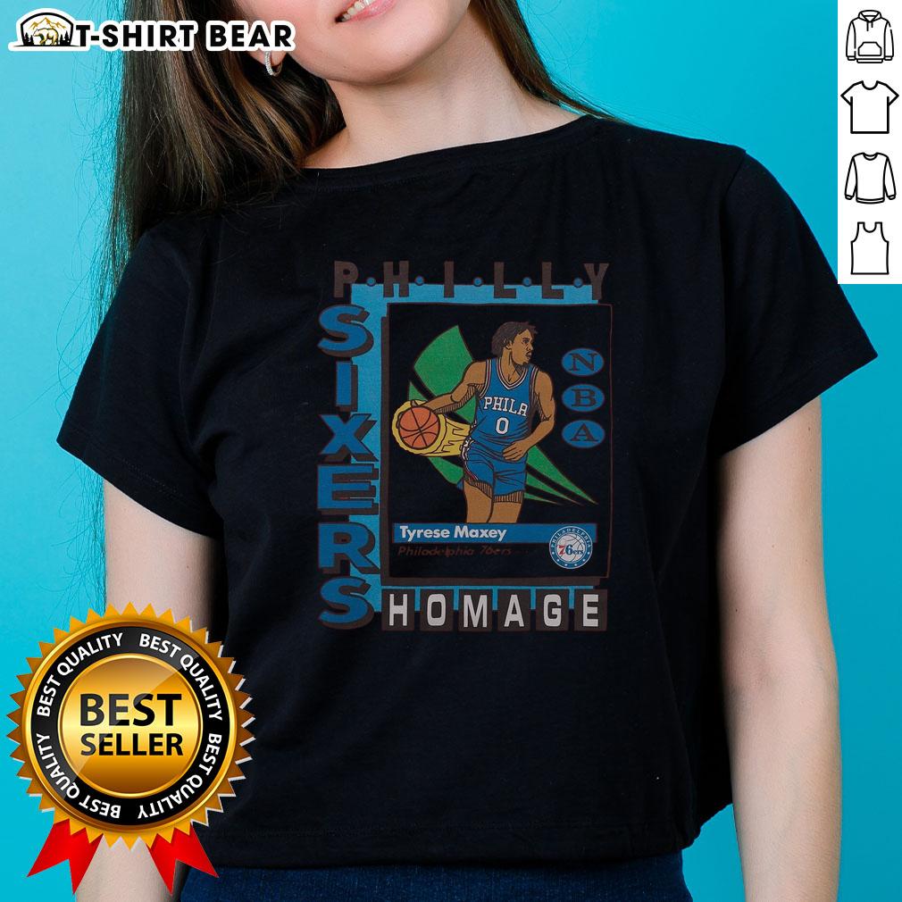 Premium Philadelphia 76ers trading card featuring Tyrese Maxey on a stylish ladies tee design for fans.