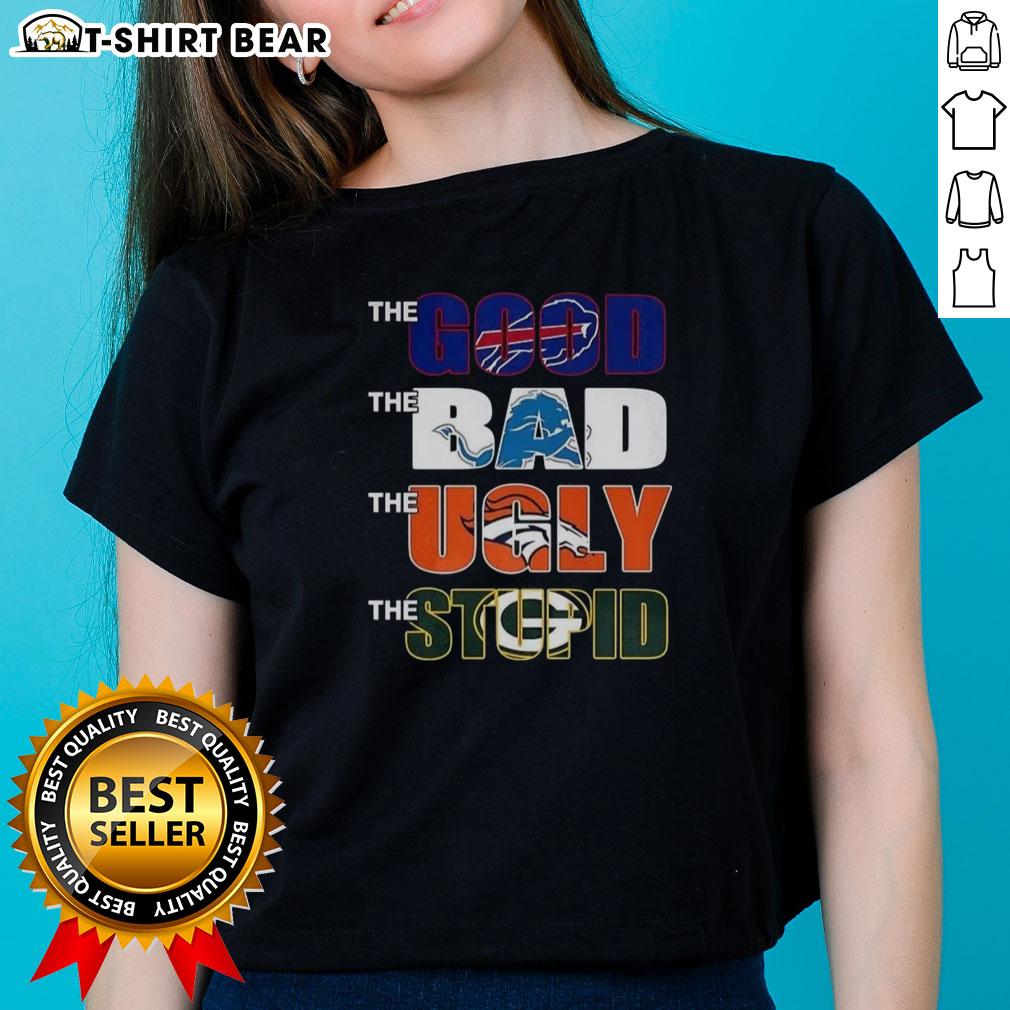 Stylish ladies tee featuring Buffalo Bills, Detroit Lions, Broncos, and Packers graphics for football fans.