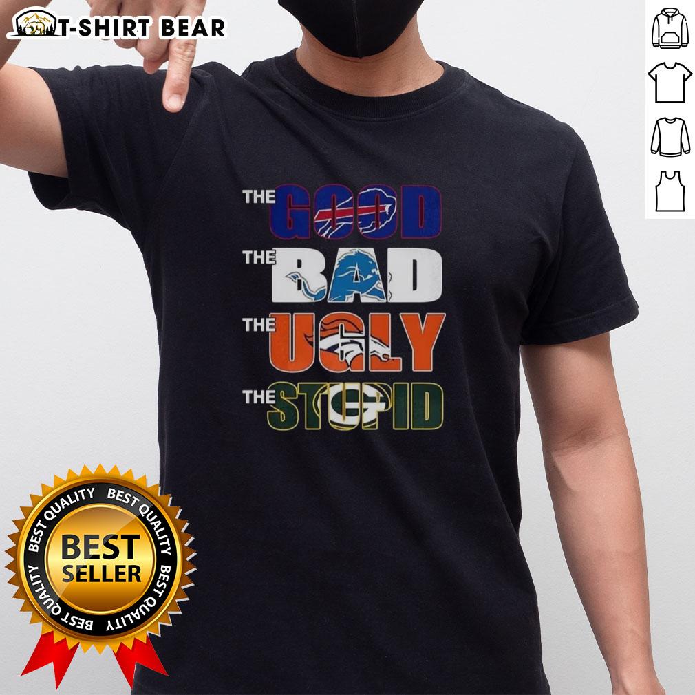 Premium T-shirt featuring Buffalo Bills, Detroit Lions, Denver Broncos, and Green Bay Packers designs for NFL fans.