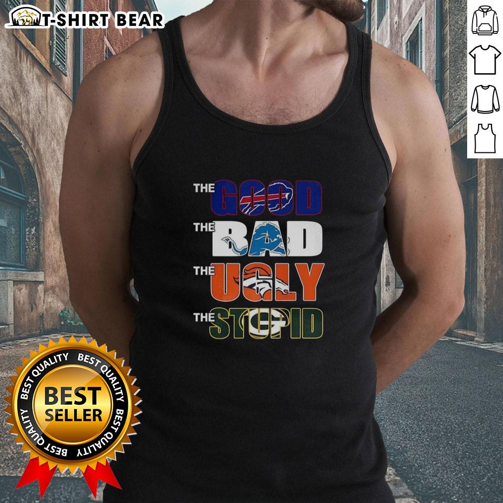 Premium tank top featuring the Buffalo Bills, Lions, Broncos, and Packers in a humorous sports design.