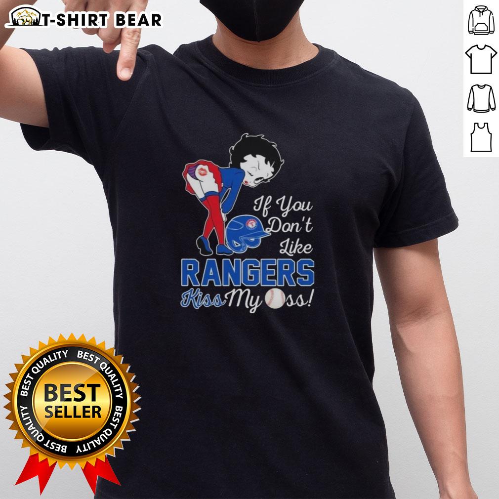 Pretty Betty Boop T-shirt with 'If You Dont Like Texas Rangers, Kiss My Ass' slogan, perfect for Texas fans.