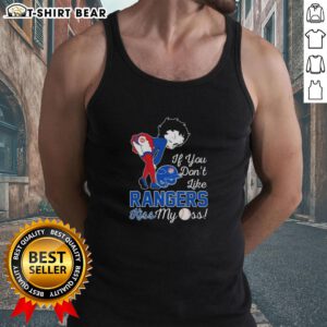 Pretty Betty Boop tank top featuring 'If You Don't Like Texas Rangers, Kiss My Ass' slogan, perfect for fans.