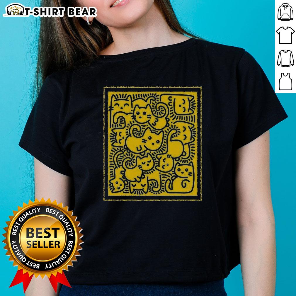 Cute doodle cats print on a stylish ladies tee, perfect for cat lovers and casual wear enthusiasts.