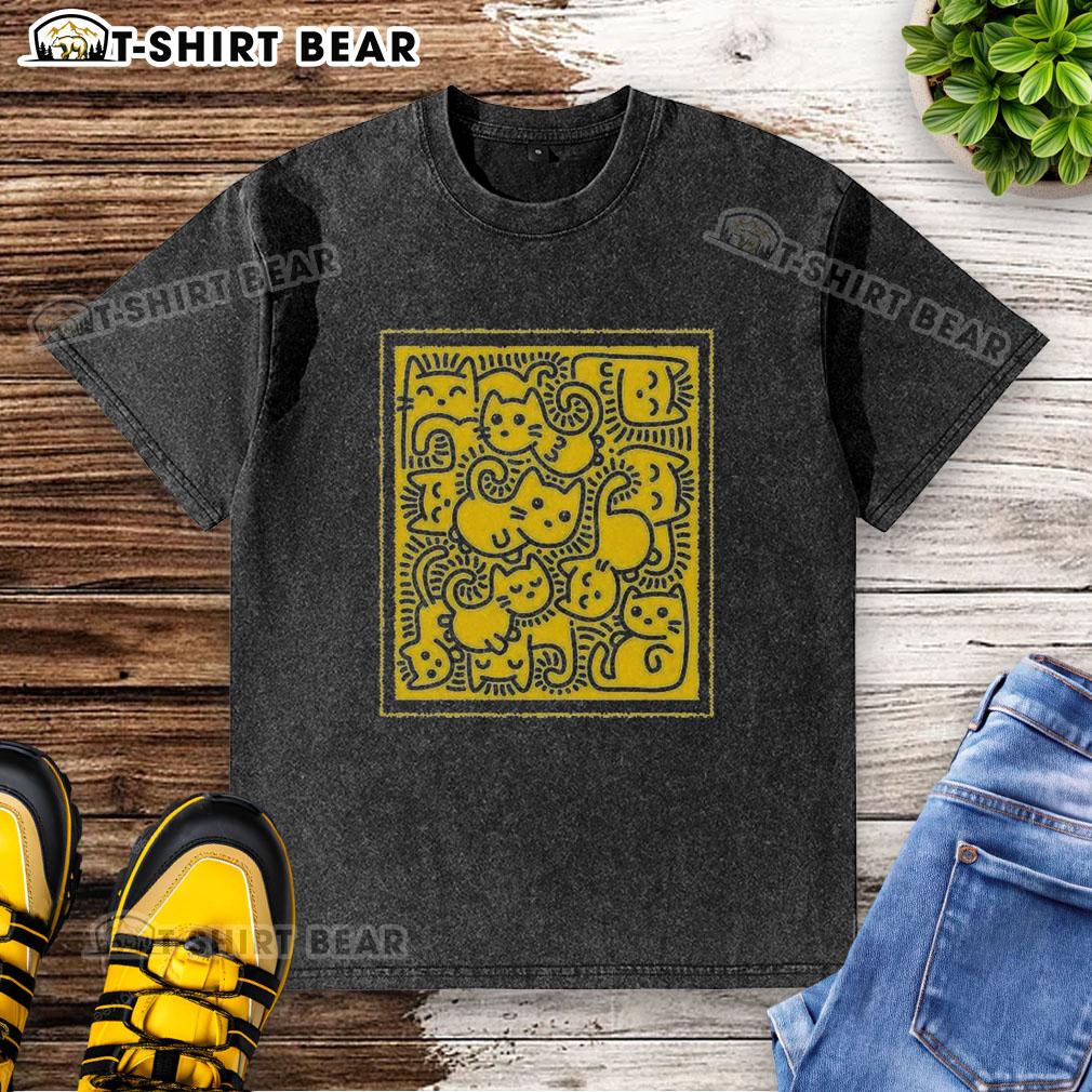 Colorful Pretty Doodle Cats design on a washed T-shirt, perfect for cat lovers and casual fashion enthusiasts.
