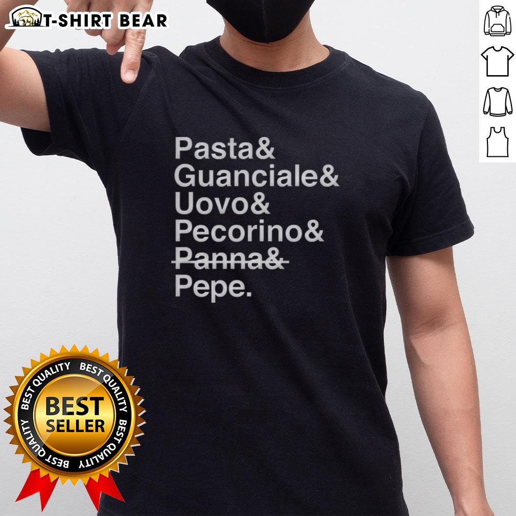 Pretty Pasta T-Shirt featuring guanciale, uovo, pecorino, panna, and pepe design for pasta lovers and food enthusiasts.