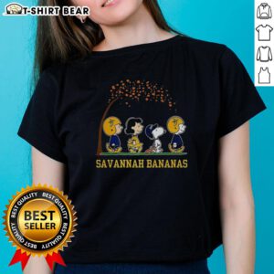 Pretty Snoopy and friends Peanuts x Savannah Bananas baseball autumn ladies tee featuring vibrant colors and playful design.