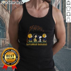 Pretty Snoopy and Friends Peanuts x Savannah Bananas baseball autumn tank top featuring colorful cartoon designs.
