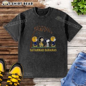 Pretty Snoopy and Friends Peanuts x Savannah Bananas baseball autumn washed t-shirt featuring vibrant graphics.