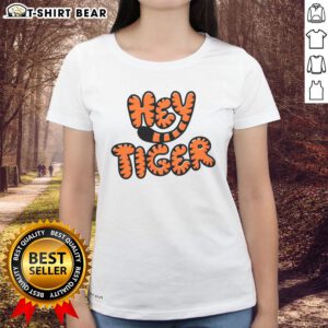 Top Hey Tiger Bubble Letter Ladies Tee featuring vibrant bubble letters and a stylish design for casual wear.