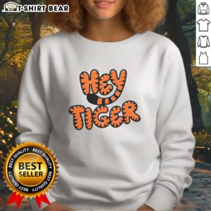 Alt Text: Top Hey Tiger bubble letter sweatshirt in vibrant colors, perfect for casual wear and trendy street style.