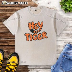 Top Hey Tiger Bubble Letter Washed T-Shirt in soft fabric with colorful graphic design, perfect for casual wear.