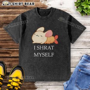 Cartoon-style washed t-shirt featuring a playful design of a character saying 'Top I Shrat Myself' for casual wear.
