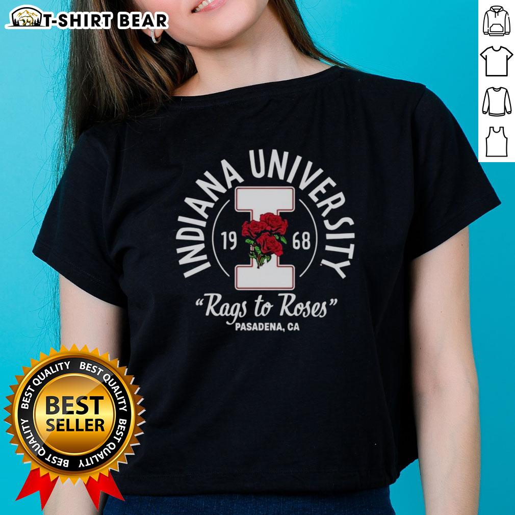 1968 Indiana Hoosiers Rags to Roses ladies tee featuring vibrant team colors and vintage design, perfect for fans.