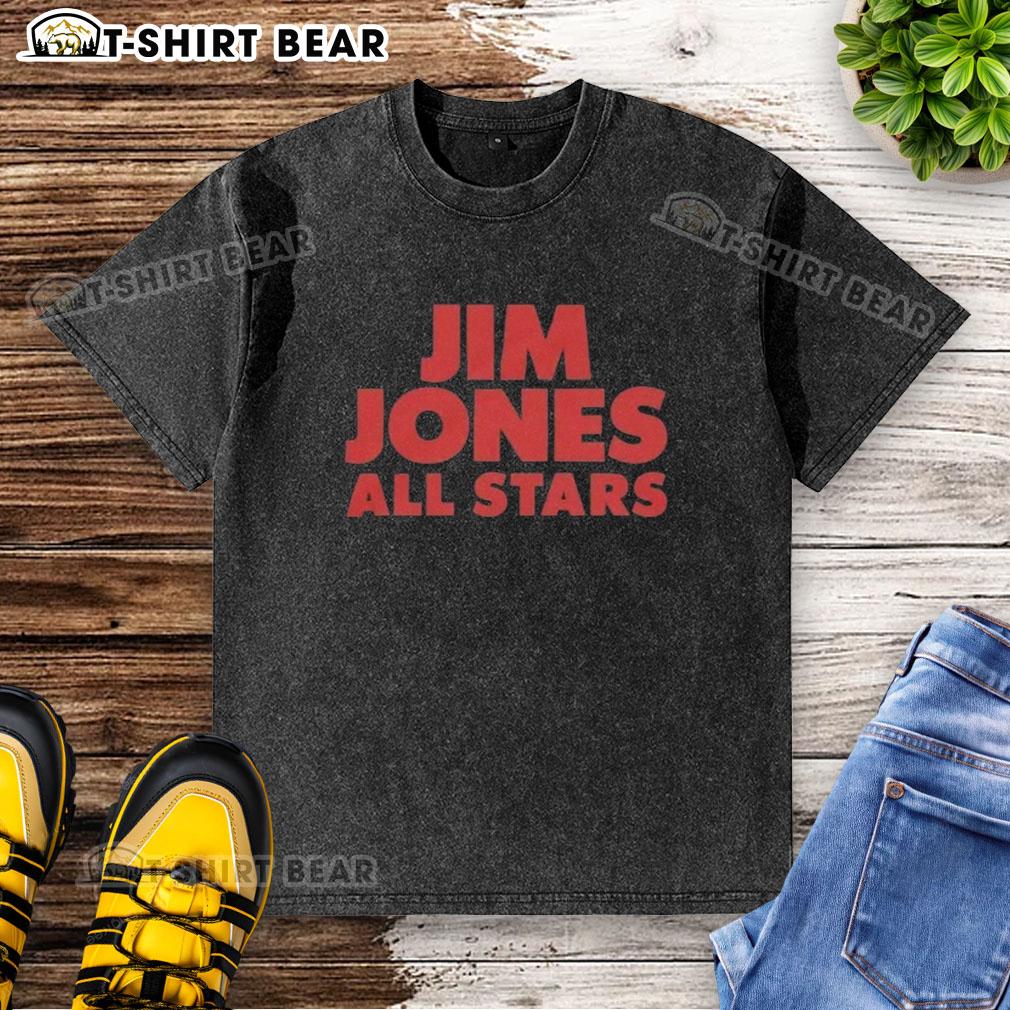 Alt Text: Top Jim Jones All Stars logo on a washed t-shirt, showcasing a stylish urban design for streetwear enthusiasts.