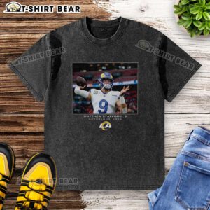 Alt Text: Top Matthew Stafford Los Angeles Rams NFL Week 7 2025 washed t-shirt featuring team colors and logo design.