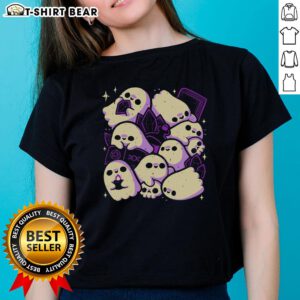 Adorable spooky cute ghosts and witchcraft ladies graphic on a trendy tee, perfect for Halloween fashion enthusiasts.