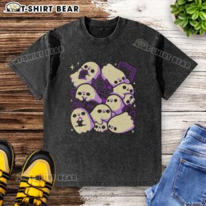 Top spooky cute ghosts and witchcraft washed t-shirt featuring playful ghost designs, perfect for Halloween enthusiasts.