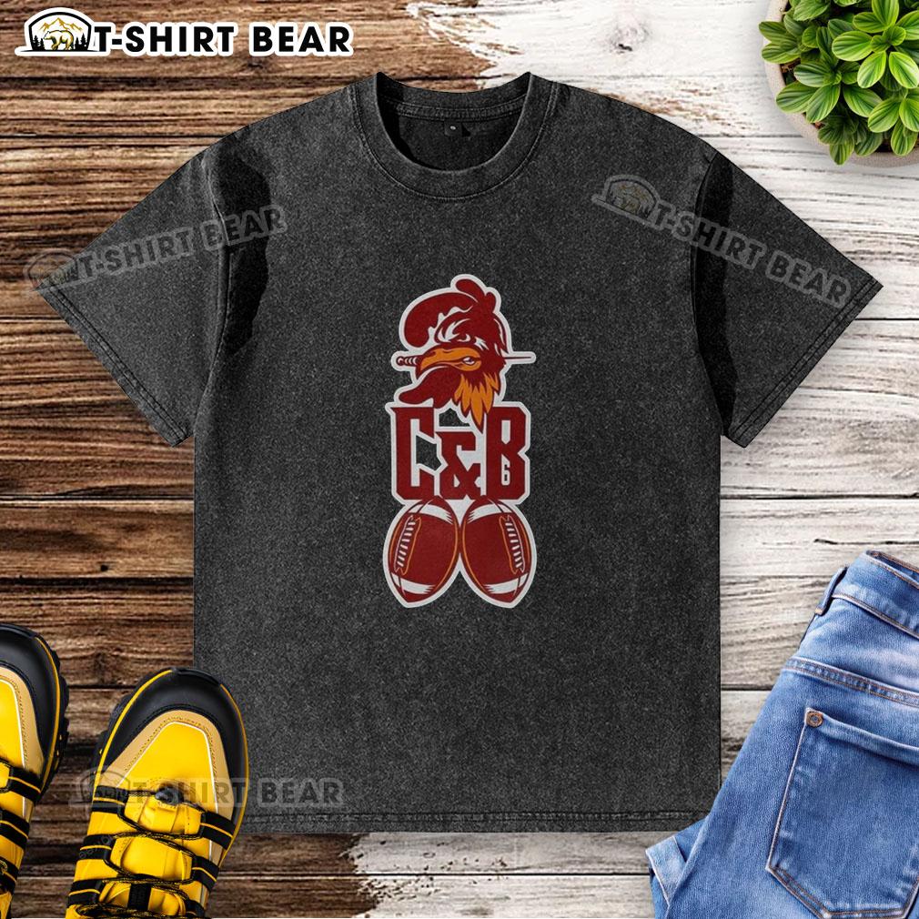 Alt Text: Top Tampa Bay Buccaneers football C and B logo mascot washed t-shirt in red, perfect for fans and game day.