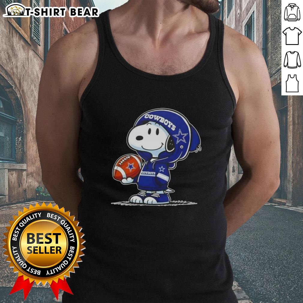 Snoopy in a Dallas Cowboys hoodie smiles at fans on an awesome tank top featuring Peanuts characters.