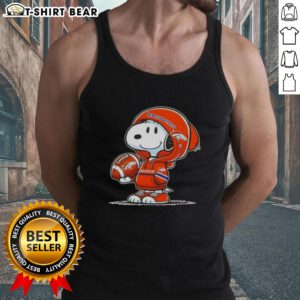 Alt Text: Snoopy in a hoodie with Denver Broncos logo smiles at fans on a tank top, showcasing awesome peanuts-themed design.