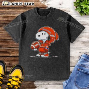 Snoopy wearing a Denver Broncos hoodie smiles at fans on a washed t-shirt featuring awesome peanuts design.