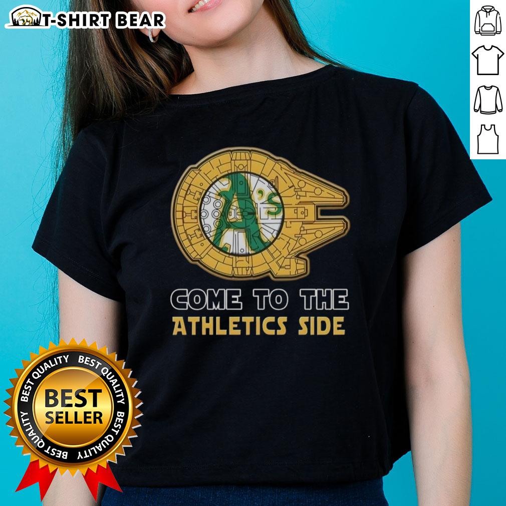 Happy Star Wars Come to the Oakland Athletics Side Ladies Tee featuring a vibrant design for fans and baseball lovers.