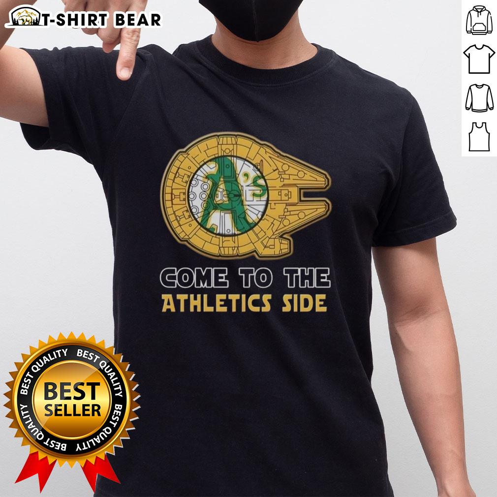Happy Star Wars Come To The Oakland Athletics Side T-Shirt featuring playful designs for fans of both franchises.