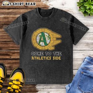 Happy Star Wars Oakland Athletics side washed t-shirt featuring a vibrant design for fans of baseball and sci-fi.