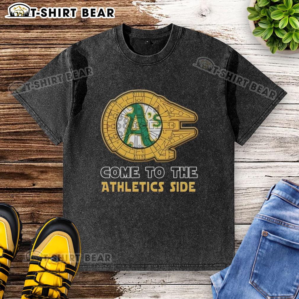 Happy Star Wars Oakland Athletics side washed t-shirt featuring a vibrant design for fans of baseball and sci-fi.