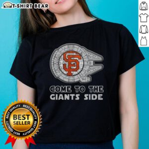 Alt Text: Happy Star Wars themed San Francisco Giants ladies tee featuring vibrant graphics and playful design.
