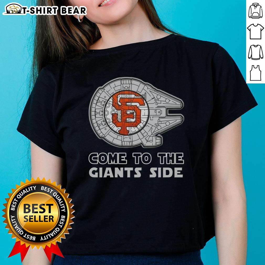 Alt Text: Happy Star Wars themed San Francisco Giants ladies tee featuring vibrant graphics and playful design.