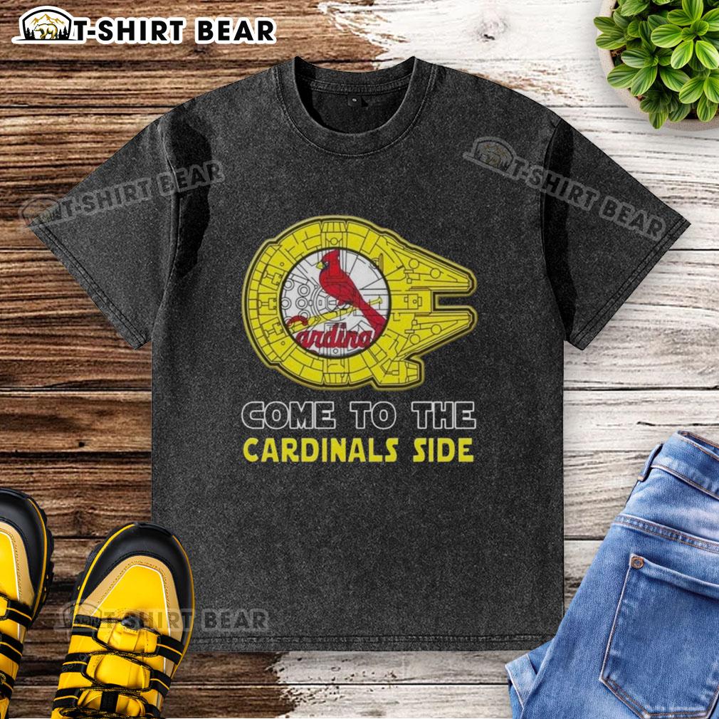 Happy Star Wars St. Louis Cardinals side-washed t-shirt featuring iconic characters and team logo in vibrant colors.
